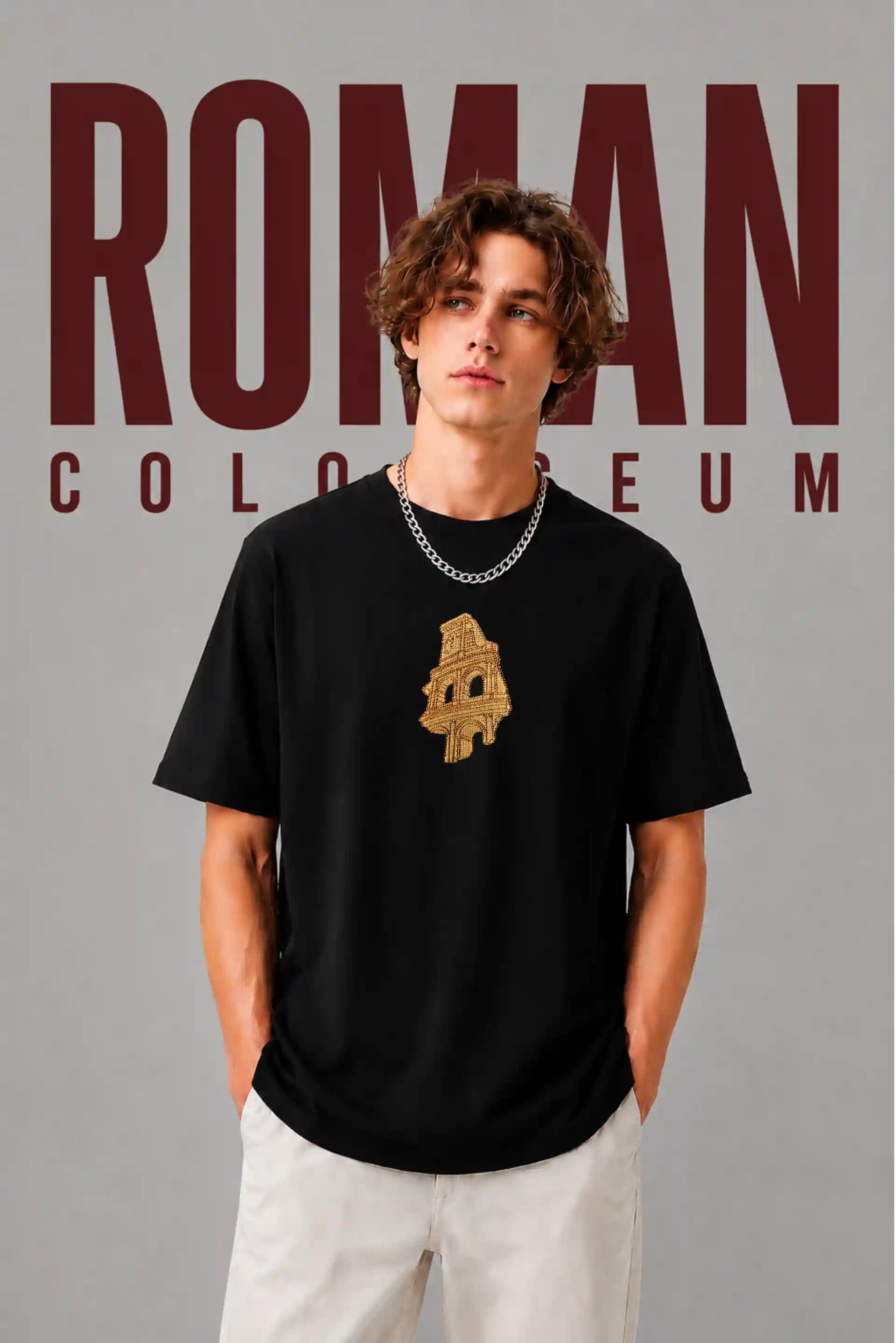 Premium Black Oversized T-Shirt featuring Roman Colosseum artwork by ARKLOY