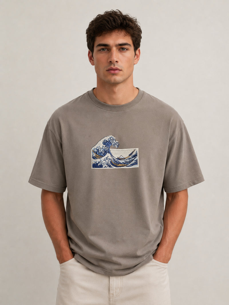 The Great Wave Olive Grey Oversized T-shirt